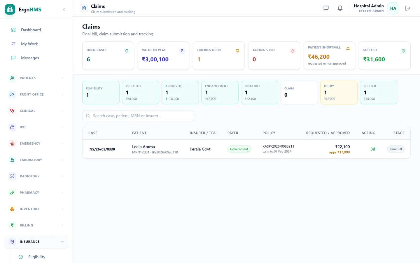 ErgoHMS insurance claims tracker