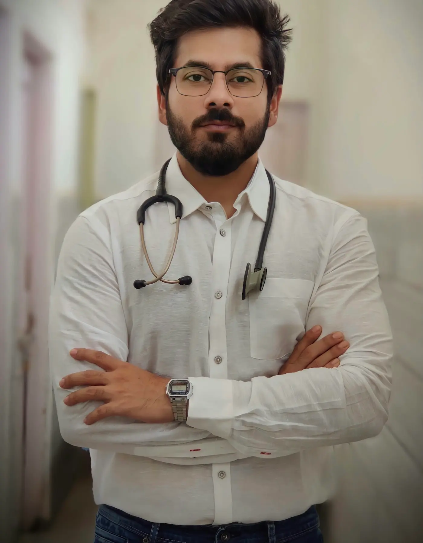 A doctor with folded arms and a stethoscope around the neck