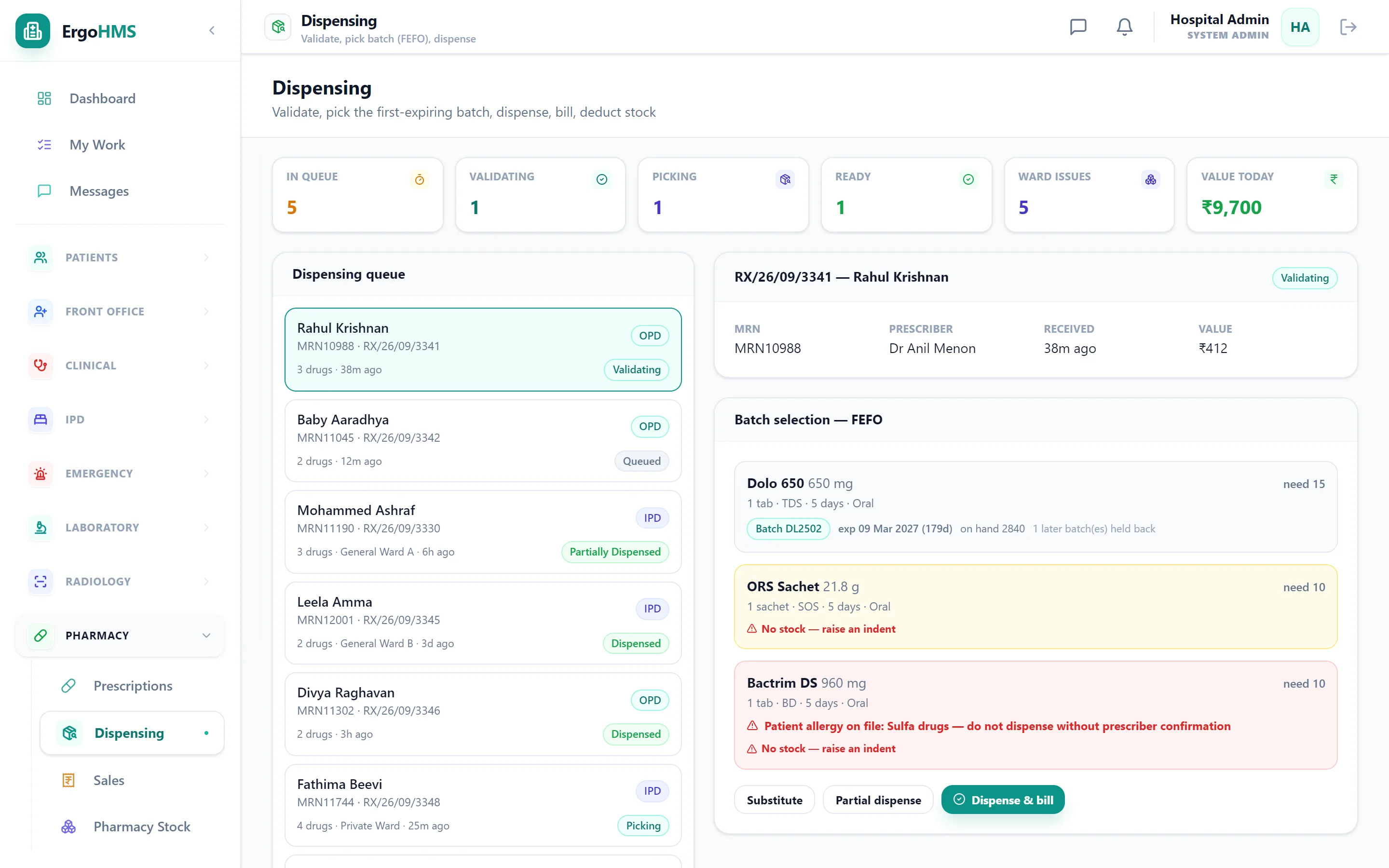 Pharmacy dispensing with FEFO batch selection and schedule checks